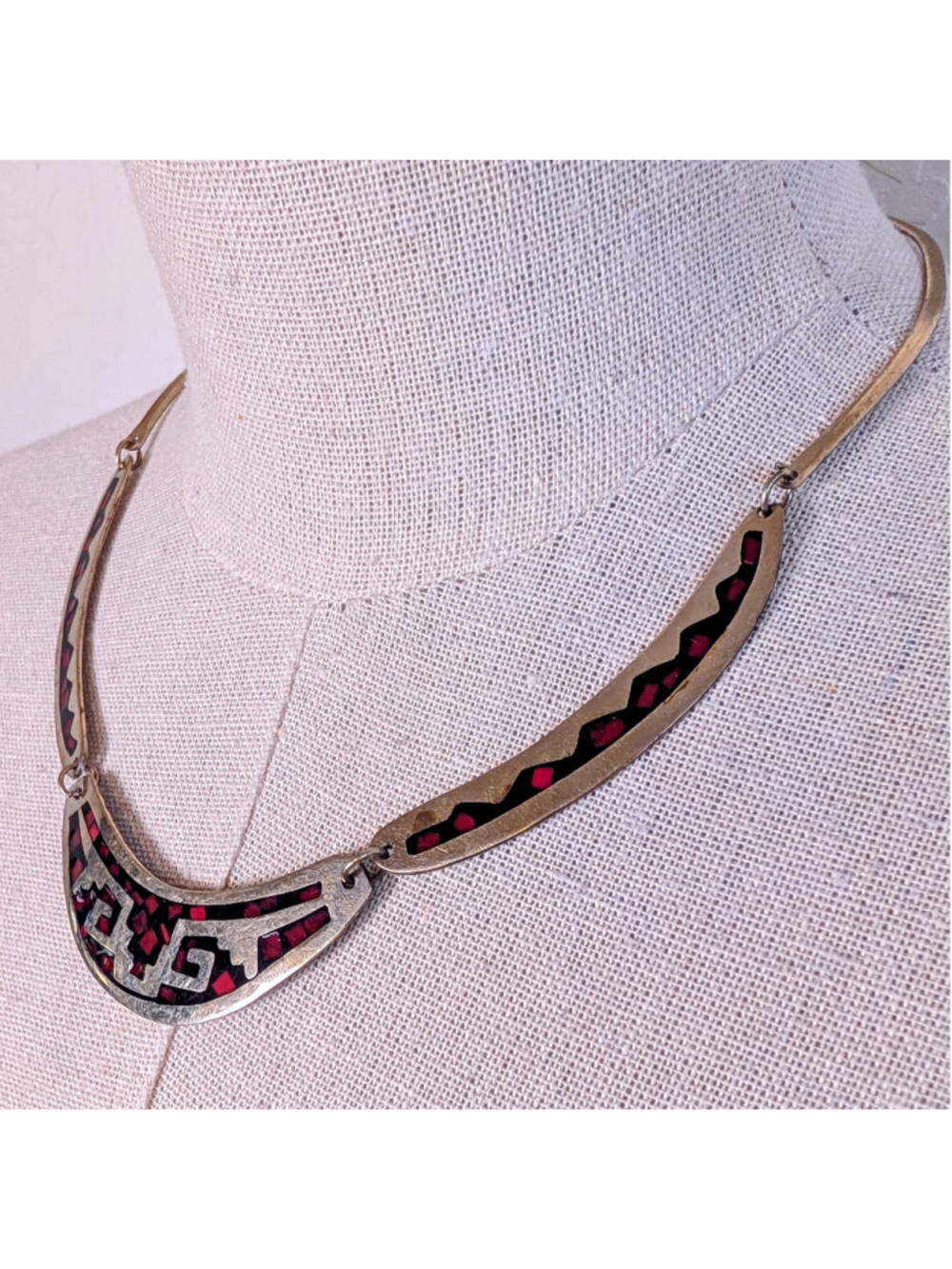 Vintage Alpaca Nickel Silver Peruvian Inlay Collar Necklace Geometric Statement